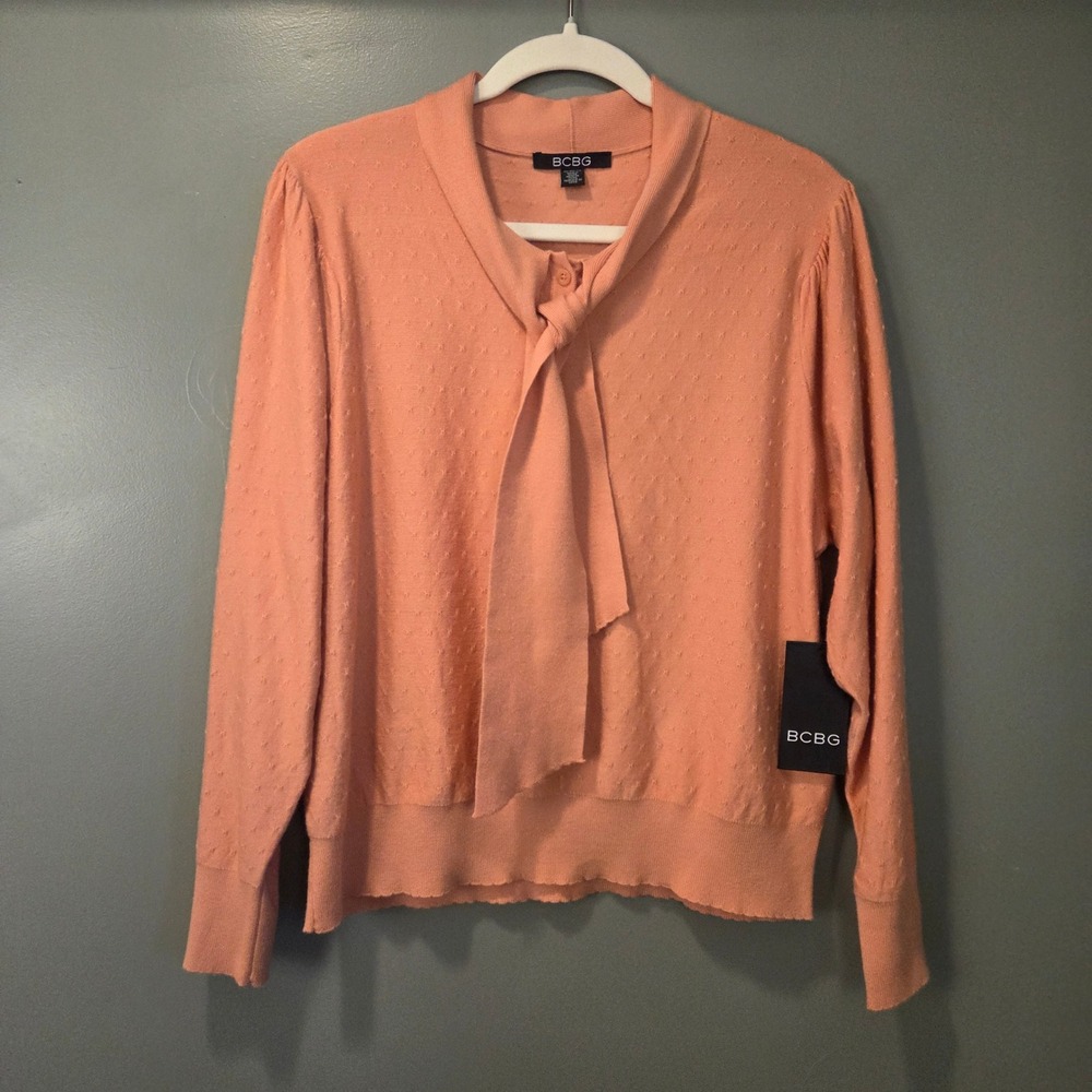 NEW BCBG Women's Tie‎ Neck Secretary Sweater Size XL Textured Salmon Peach